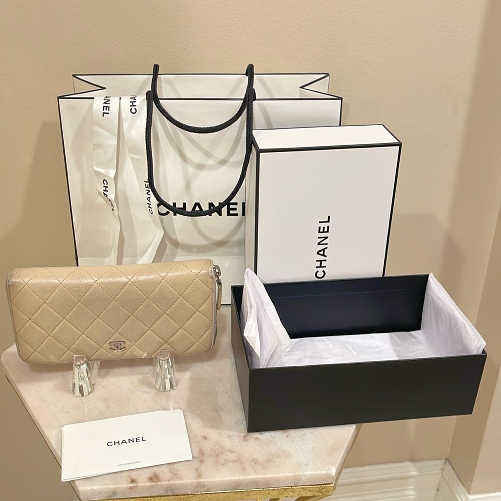 Chanel beige quilted lambskin zip around wallet